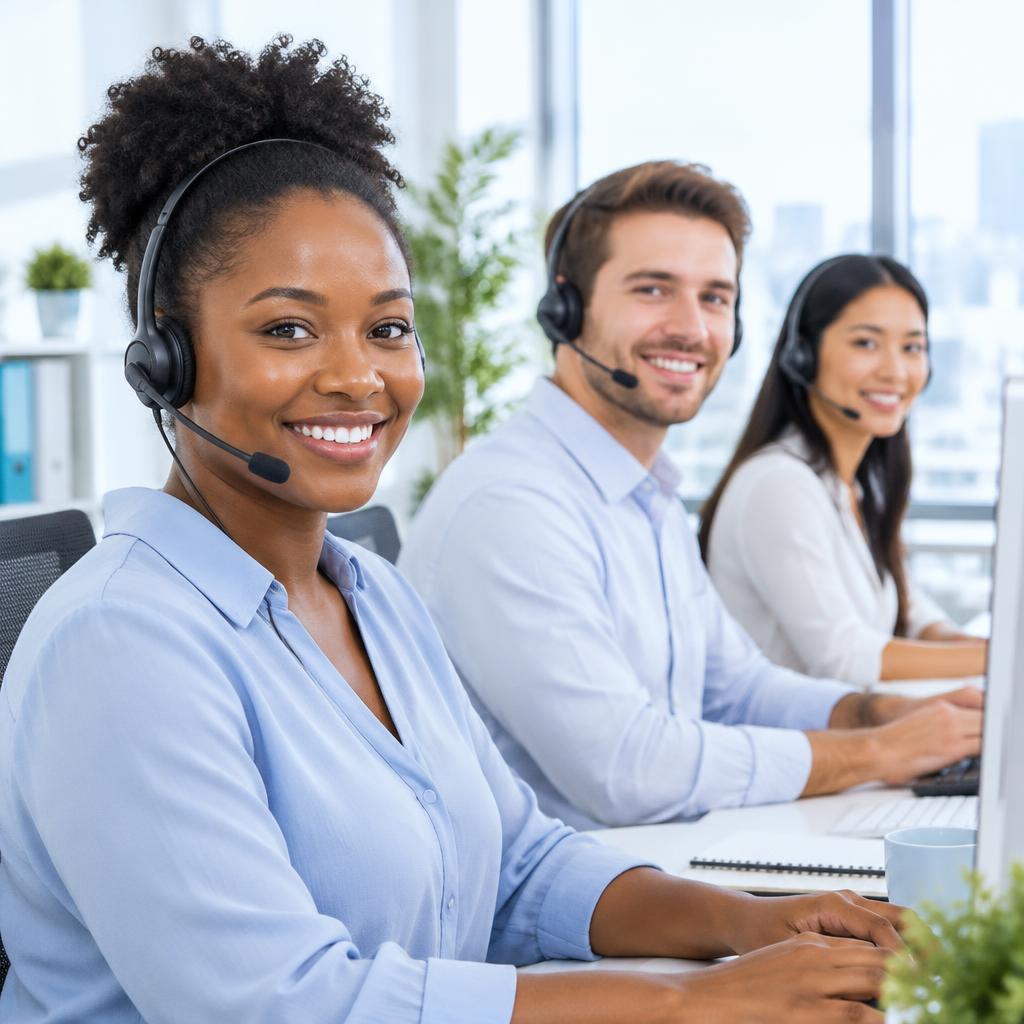 Friendly customer support team wearing headsets